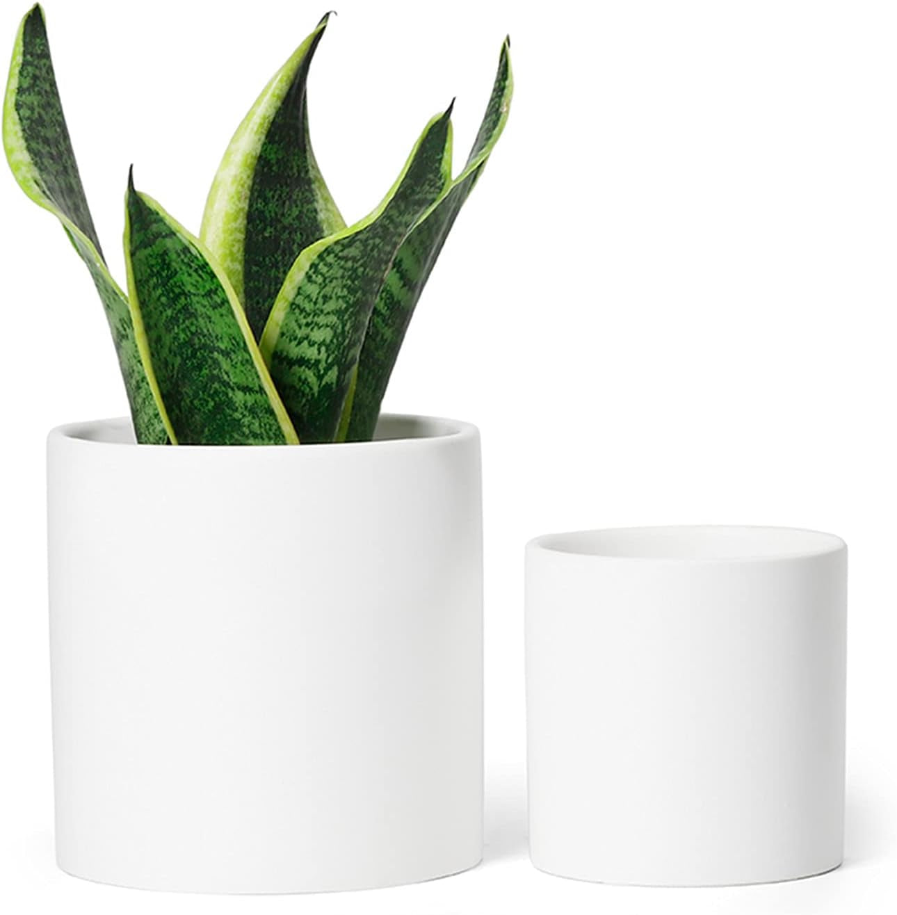 Plant Pots White Ceramic Pots for Plant 6+4.7Inch Matte White Cylinder Planters for Indoor Ourdoor Flower Snake Small Plants with Drainage Holes Set of 2